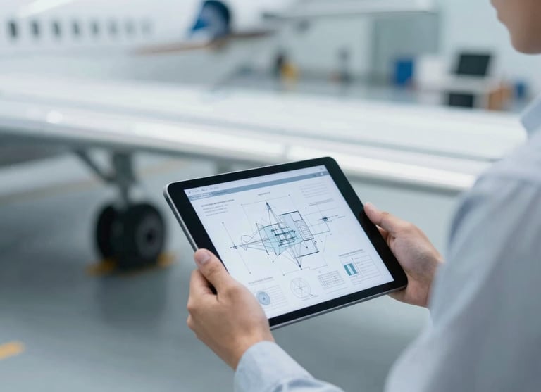 A close-up of a professional aeronautical engineer's hands holding a tablet displaying technical schematics, standing next to a sophisticated aircraft wing section. Clean, high-tech engineering environment with a #F2F4F7 and #8BAAC7 palette.