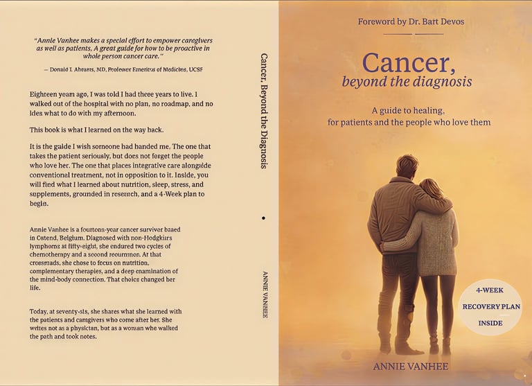 Cancer Beyond the Diagnosis book by Annie Vanhee, front and back cover