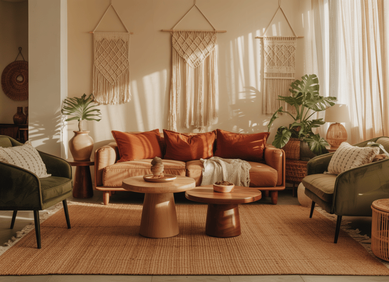 Scene showing jewel tone accents layered into an earthy base, deep teal pillow, mustard throw, neutr