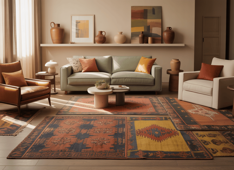 Scene showing jewel tone accents layered into an earthy base, deep teal pillow, mustard throw, neutr