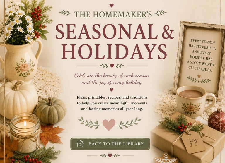 The Homemaker's Seasonal and Holidays guide featuring a cozy fall flat lay with pumpkins, candles, and gifts.