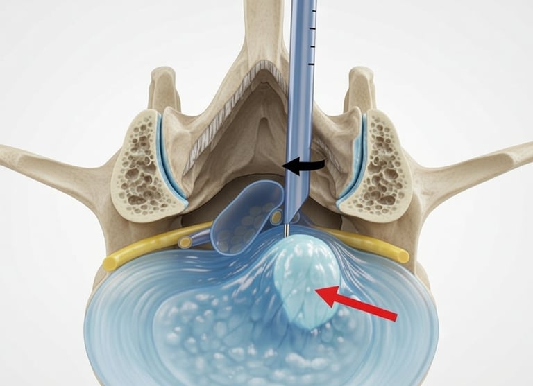 Figura esquematica mostrando o endoscópio no tratamento da hérnia de disco