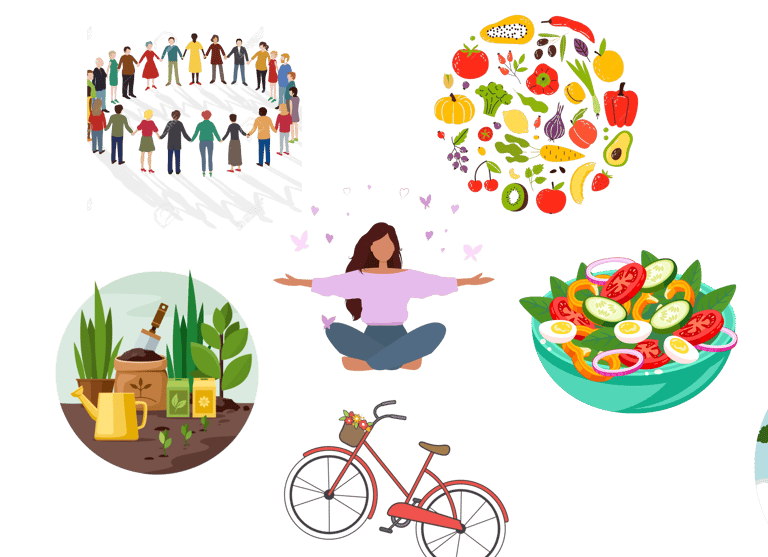 a woman is sitting on a bicycle and holding a basket full of food