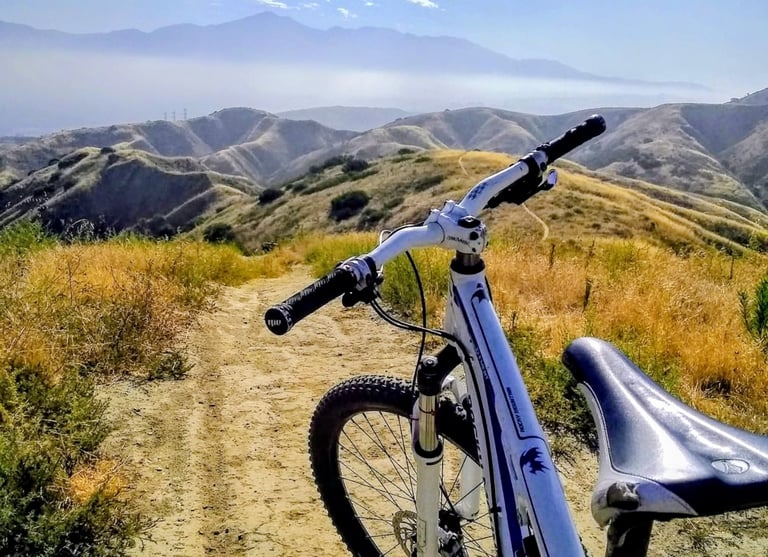 Close up of ODI lock-on MTB grips on white mountain bike handlebars on a Southern California dirt tr