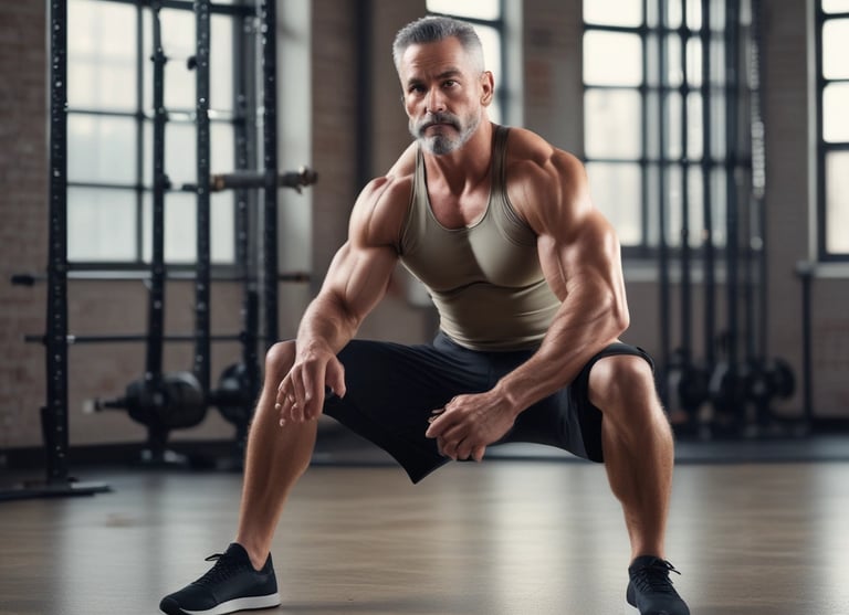 Man over 40 performing hip mobility exercises in a gym to improve strength and reduce injury risk.