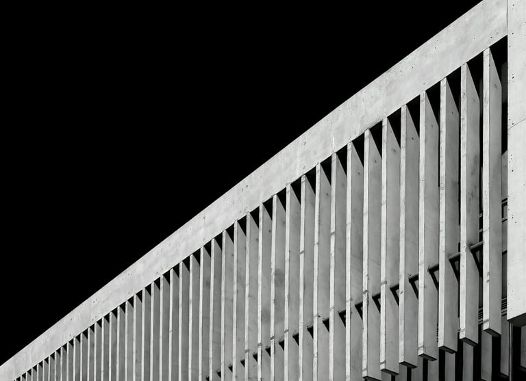 A high-contrast, black and white architectural shot