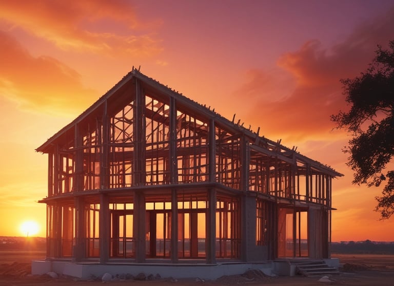 Construction team reviewing architectural plans on a building site during sunset.