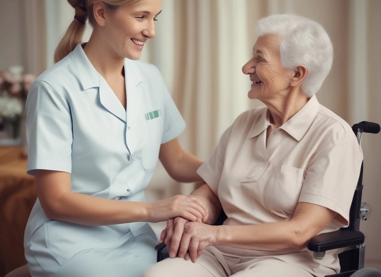 A cozy, well-organized living room with an elderly person comfortably seated, showcasing a safe home care environment.