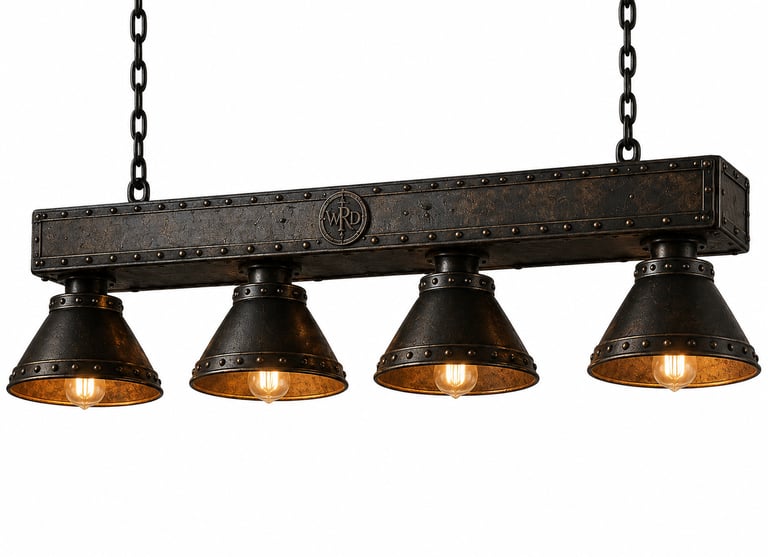 Industrial style 4-light linear chandelier with rustic bronze finish and cone metal shades.