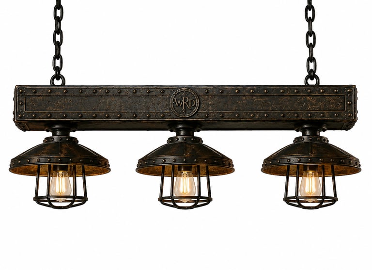 Industrial 3-light beam pendant with cage shades and Edison bulbs for rustic island lighting.