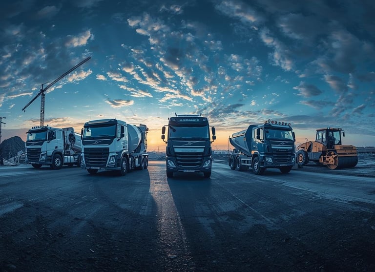 a group of trucks parked in a parking lot