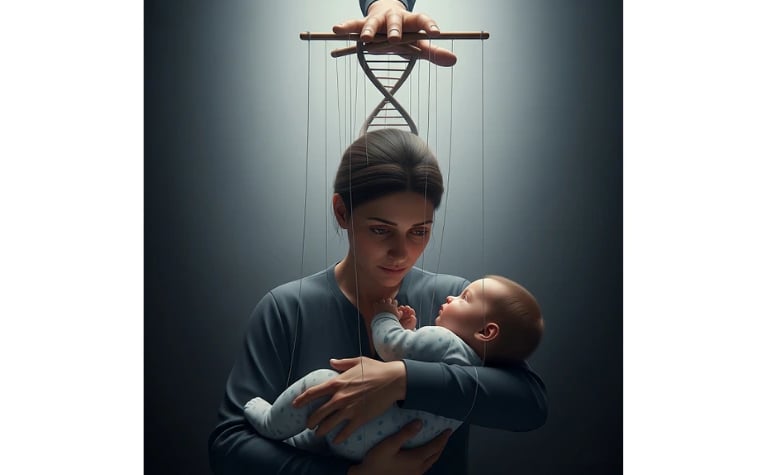 parent holding a baby with subtle puppet strings controlled by a DNA strand, humorously depicting parental love