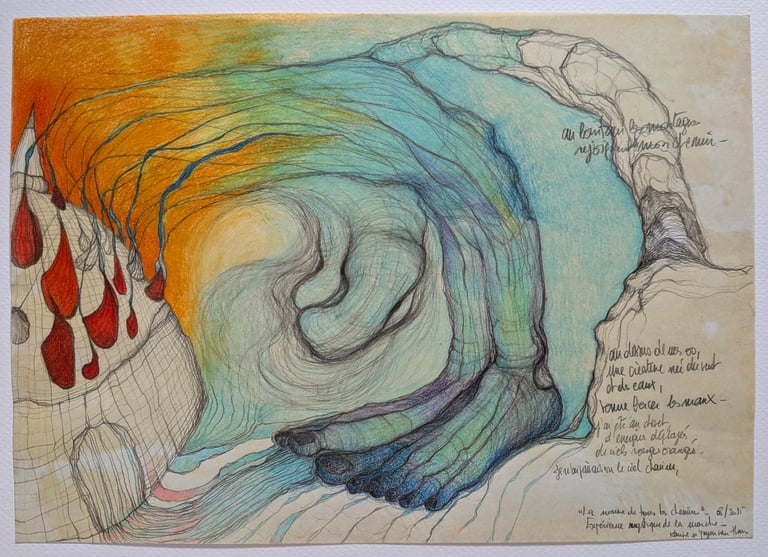 karine-nguyen-van-tham-la nonne de tous les chemins, dessin sur papier huilé, pieds paysage