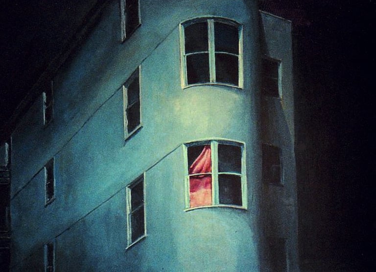 a painting of a building with a red curtain in the window