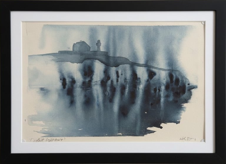 watercolour painting of Dingle lighthouse, cliffs and sea.