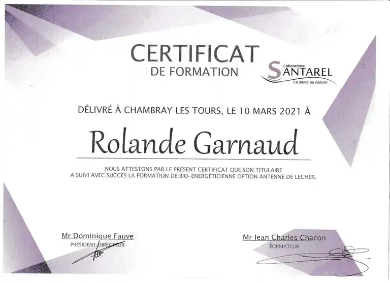 Certificat de formation de Rolande Garnaud Bio-Energéticienne option antenne de Lecher