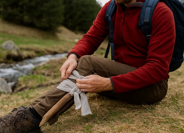 Securing improvised leg splint using gauze wrap for wilderness injury