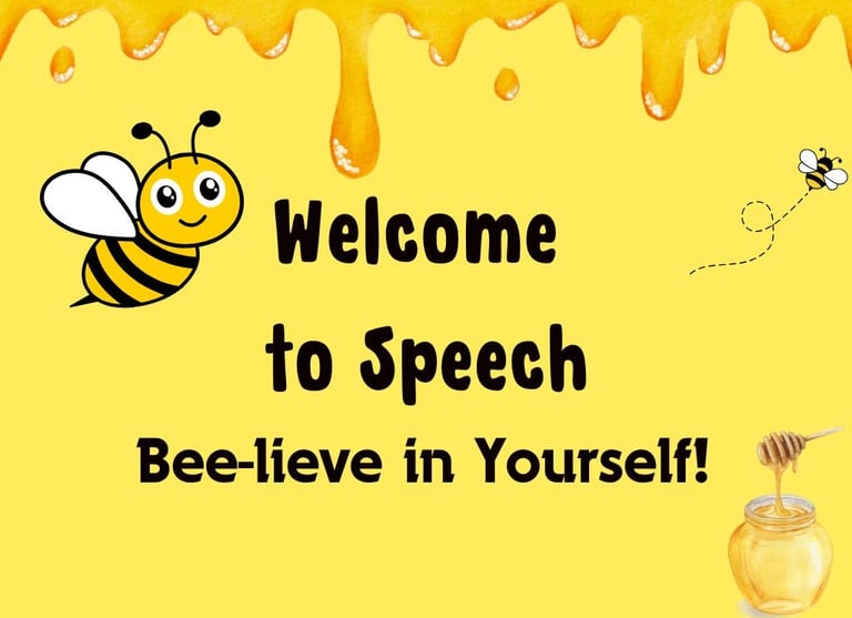 honey bee and honey pot on yellow background with text "Welcome to speech bee-lieve in yourself!"
