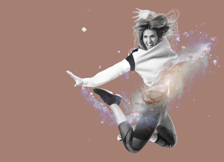 A cheerful woman jumping in mid-air with a galaxy nebula overlay for a creative fitness concept.