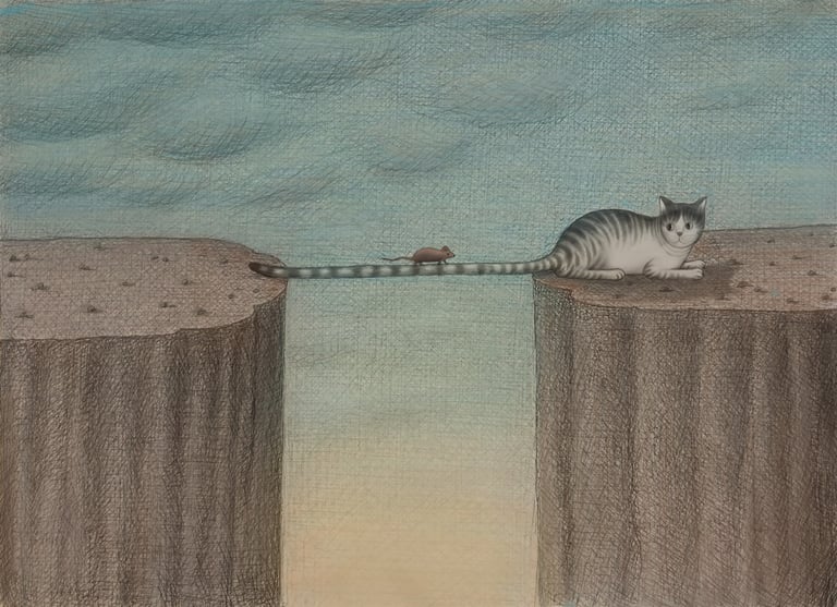 Surreal illustration of a mouse walking across a cat's long tail bridging two high cliffs.