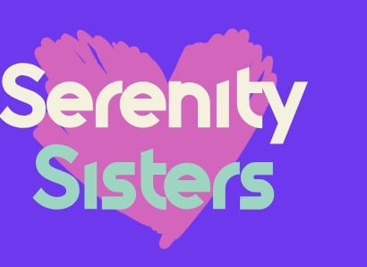 The words Serenity Sisters with a pink heart in the background