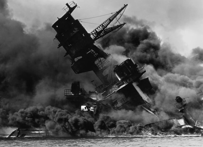 A torpedoed World War II battle ship sinking, representing events in the era of the story.