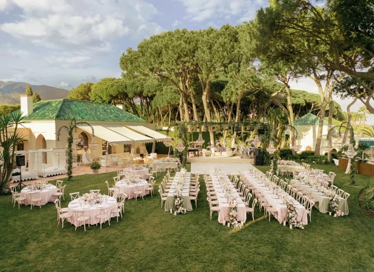 Wedding ceremony setup at Villa El Rincon gardens