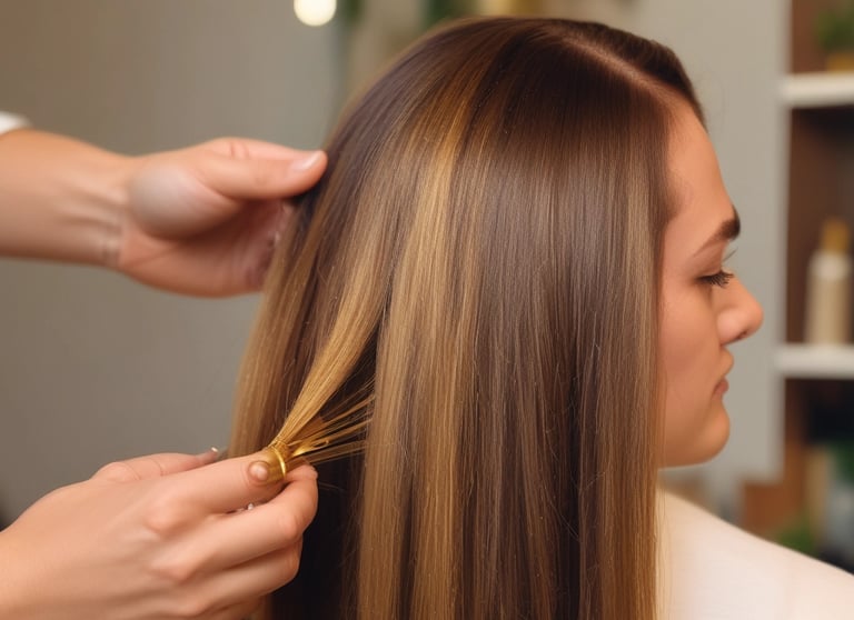 A barbershop or salon setting with black leather chairs and mirrors. The interior features a modern design with sleek lines and minimalist décor, including glass shelves and dark wooden cabinets. The room appears tidy and well-organized, creating a professional and upscale atmosphere.