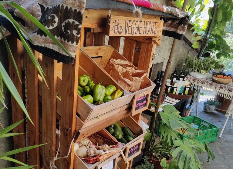 wooden boxes fill of fresh fruit stacked on display