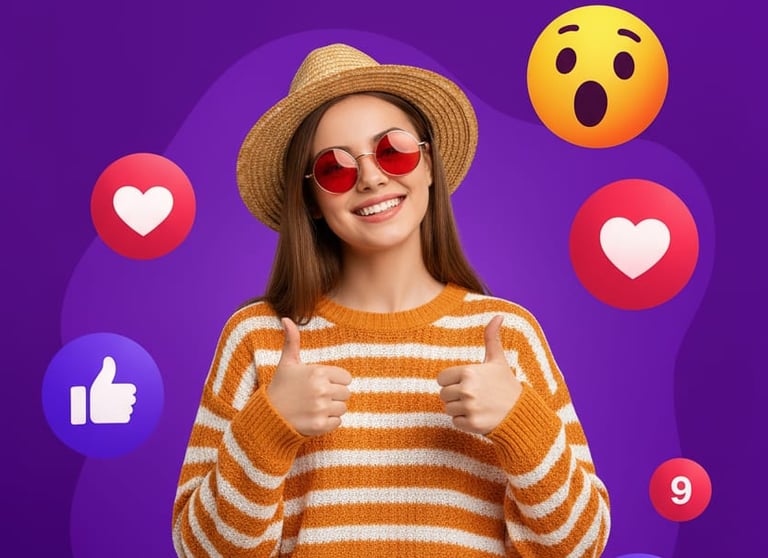 Smiling woman giving thumbs up on Jazly Social app interface with engagement icons.