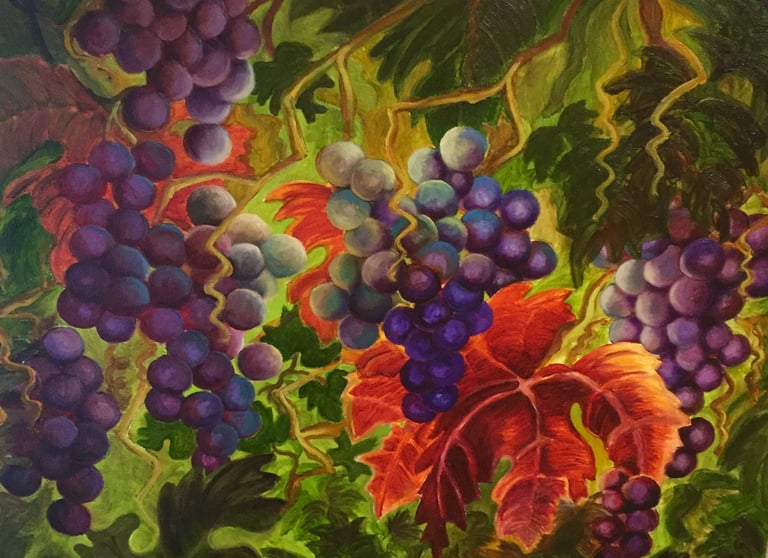 a painting of grapes in a vineyard by Sandra Forzani
