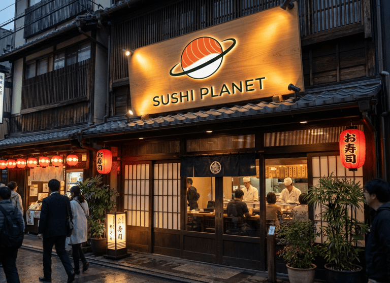 Enseigne lumineuse sushi planet logo