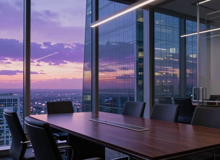 A cinematic shot of a modern glass office boardroom in a North American skyscraper with a view of a purple sunset through the windows.