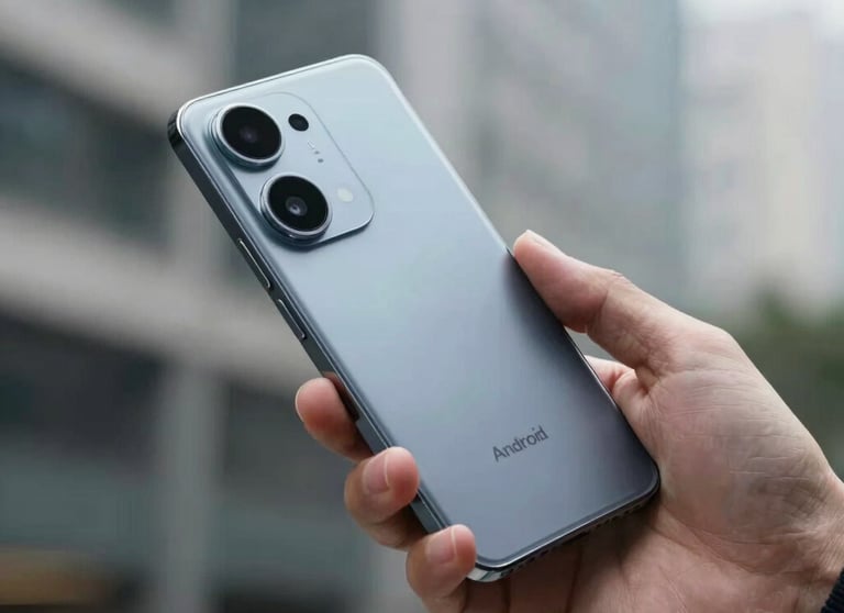 A close-up of a person's hand interacting with a sleek Android phone in a modern urban environment. International tech-focused lifestyle photography.