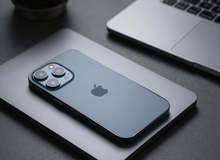 A minimalist and professional photograph showing a close-up of a high-quality laptop and smartphone together on a desk. The colors are muted grays and slate blues. The lighting is soft and directional, focusing on the seamless integration of devices.