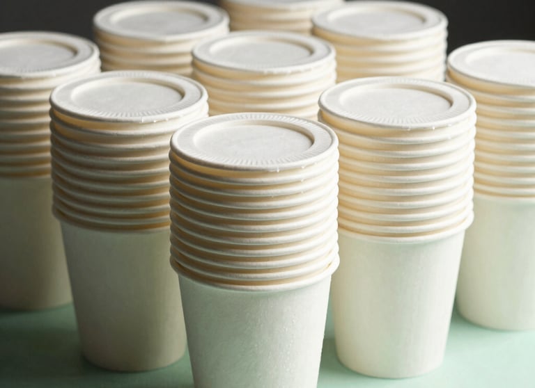 A professional product photograph of neat stacks of biodegradable paper soup cups with secure lids, standing on a clean mint green surface. The lighting is soft and natural, emphasizing the pristine quality and eco-friendly textures of the material.