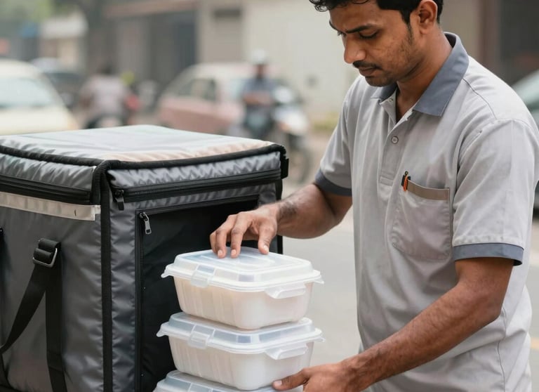 A delivery rider wearing a clean uniform in Patna, Bihar, carefully placing secure, modern leak-proof food containers into an insulated delivery bag. Soft daytime lighting, clean professional setting showing reliable food logistics with a South Asian / Indian worker.
