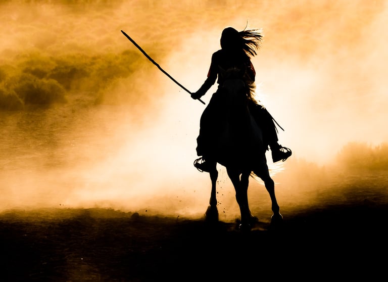 Silhouette of a young lady riding a horse through golden dust at sunset.