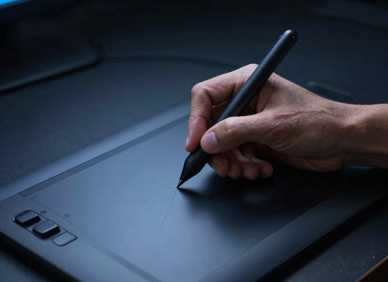 A dark, atmospheric photograph of a designer using a stylus on a high-precision graphic tablet. Accent Blue lighting, minimal North American / International context.