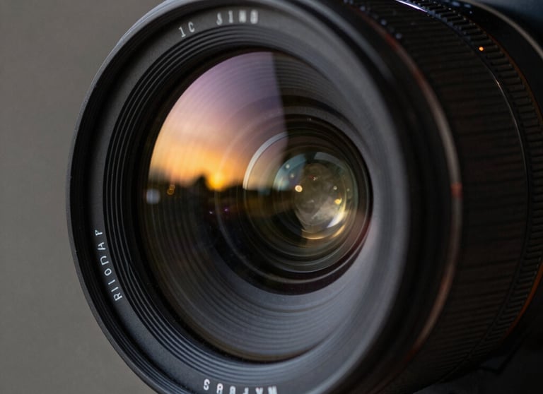 A close-up of a high-end cinema camera lens with reflections of a sunset. The mood is sophisticated and artistic. Global / International.