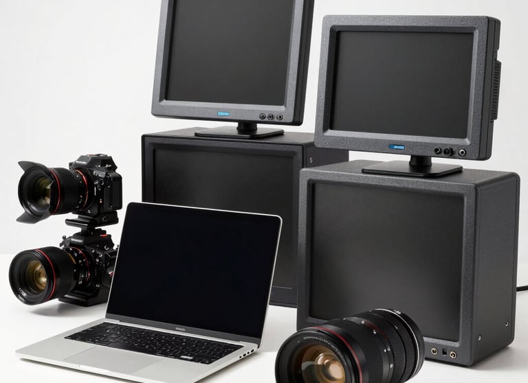 Professional photo of high-end studio gear including a silver laptop and slate grey monitors. Clean, bright, and professional US studio style.