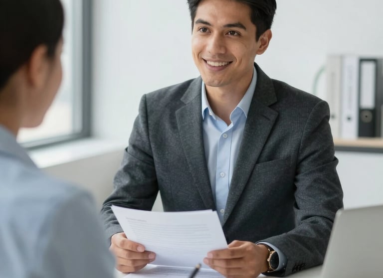 A professional mortgage advisor consulting with clients in a bright office.