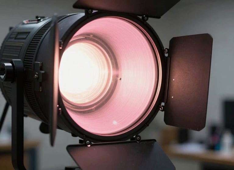 An artistic shot of a theatrical spotlight's inner workings, glowing with a soft pink light in a professional North American / US production house.