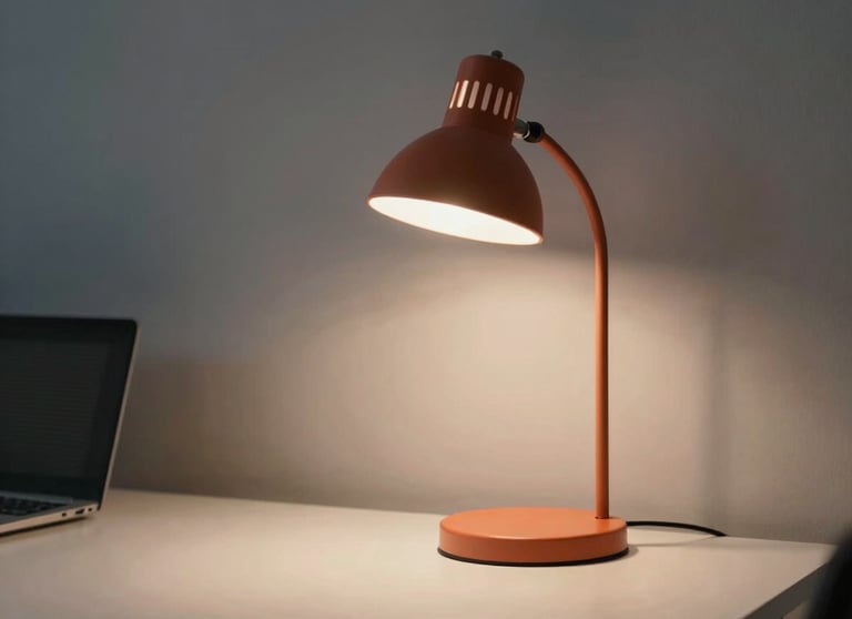 A minimalist North American office space at night, one desk lamp glowing with terracotta light, cinematic atmosphere.