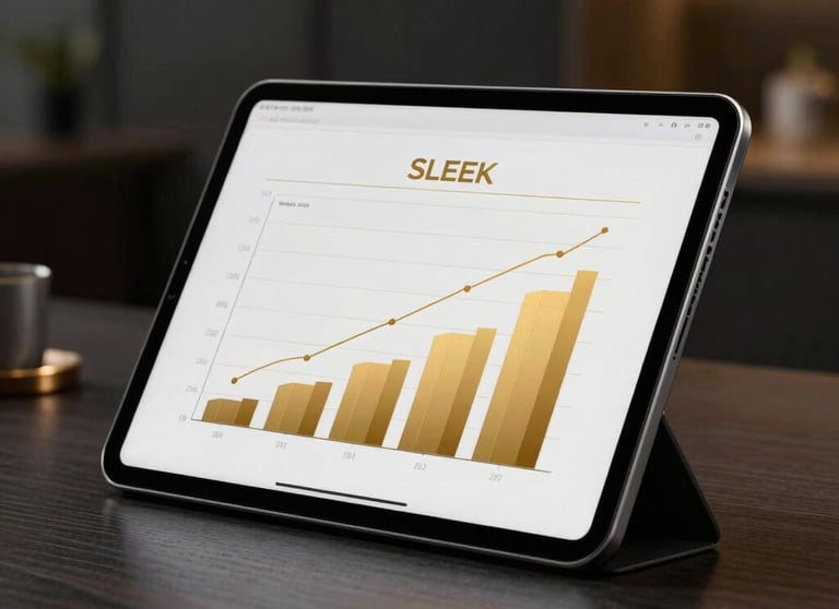 Sleek professional modern executive tablet in a dark room displaying elegant gold sales graphs, luxury office vibe.