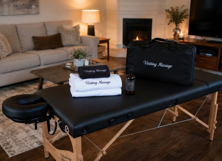 In-home massage setup with Visiting Massage table, towels, oil, and service bag