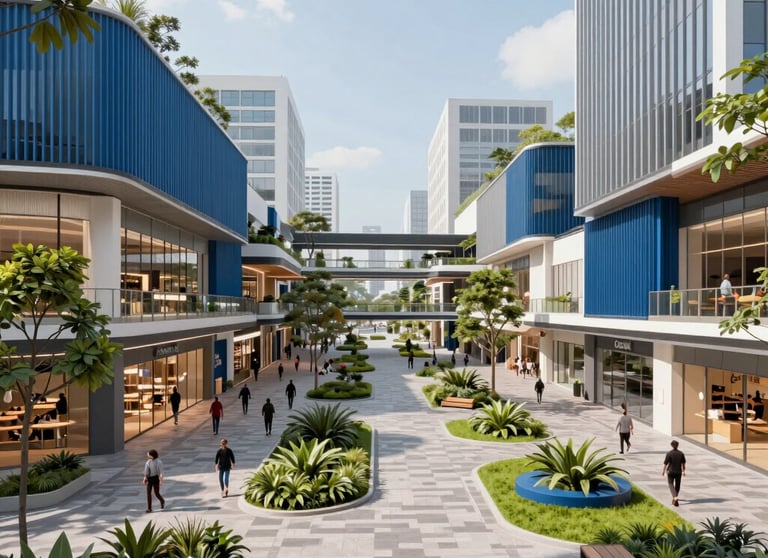 A sleek 3D architectural render of a modern commercial plaza in a Philippine urban setting, featuring Steel Blue accents and pedestrian-friendly green spaces.