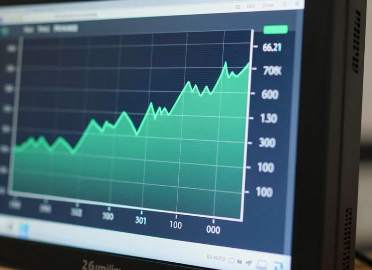 Close-up of a digital interface on a solar monitoring system showing power generation graphs in shades of teal and green. High-tech feel.