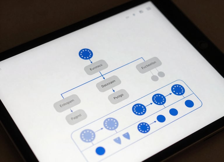 Close-up of a tablet showing an app architecture diagram with clean blue lines. Professional, high-tech, International / European aesthetic.