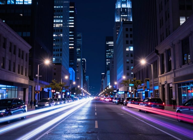 A futuristic city street at night in a North American / US metropolitan area, shot with long exposure to create light trails in electric blue and purple. Representing speed and digital flow.